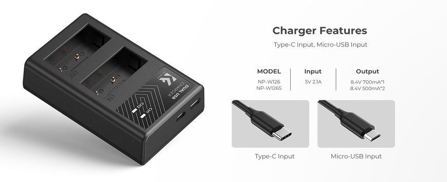 Комплект із двох акумуляторів 1300мАг та зарядного пристрою K&F Concept NP-W126 для Fujifilm (KF28.0030) KF28.0030 фото