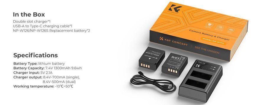 Комплект із двох акумуляторів 1300мАг та зарядного пристрою K&F Concept NP-W126 для Fujifilm (KF28.0030) KF28.0030 фото