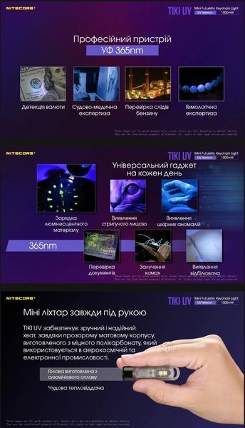 Потужний ультрафіолетовий міні-наключний ліхтар Nitecore TIKI UV (70Люмен, 12м, УФ 1000mW 365нм, USB Type-C) 010330 фото