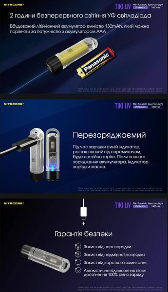 Потужний ультрафіолетовий міні-наключний ліхтар Nitecore TIKI UV (70Люмен, 12м, УФ 1000mW 365нм, USB Type-C) 010330 фото