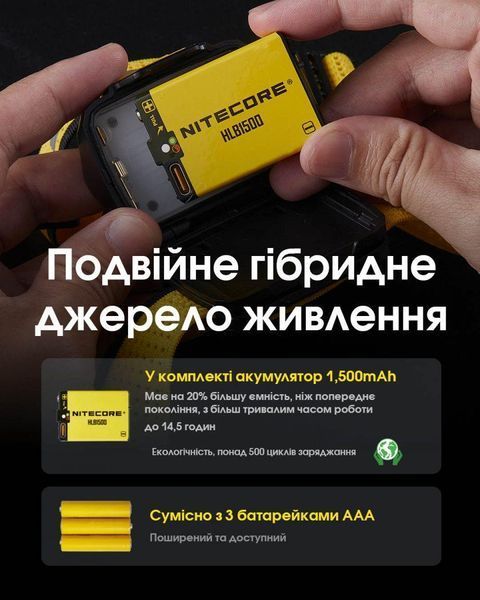 Налобний ліхтар із універсальним живленням Nitecore UT27 2024 PRO (2АКБ HLB1500, UHE LED), чорний