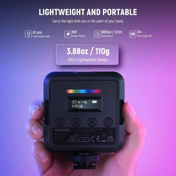 Відеосвітло накамерне світло з магнітом NEEWER RGB62 із APP керуванням, 2500-8500K CRI 97+, 2000 мАг 10102595 фото