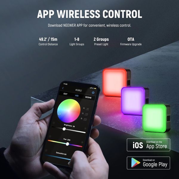 Відеосвітло накамерне світло з магнітом NEEWER RGB62 із APP керуванням, 2500-8500K CRI 97+, 2000 мАг 10102595 фото