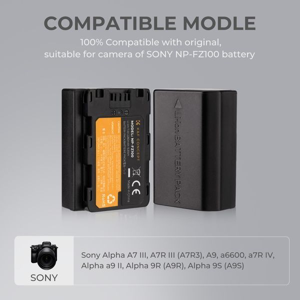 Акумуляторна батарея K&F Concept NP-FZ100 для Sony A7iii A7Riii A7RIV A9 A6600 A6700 2280mAh (KF28.0016V3) KF28.0016V3 фото