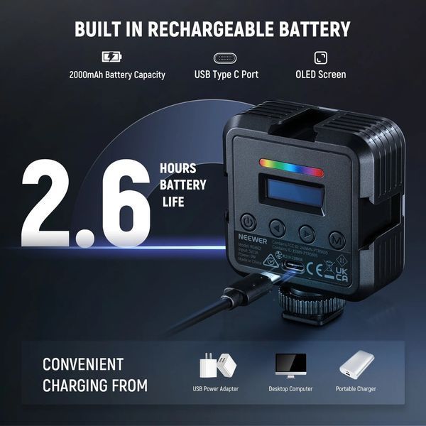 Відеосвітло накамерне світло з магнітом NEEWER RGB62 із APP керуванням, 2500-8500K CRI 97+, 2000 мАг 10102595 фото