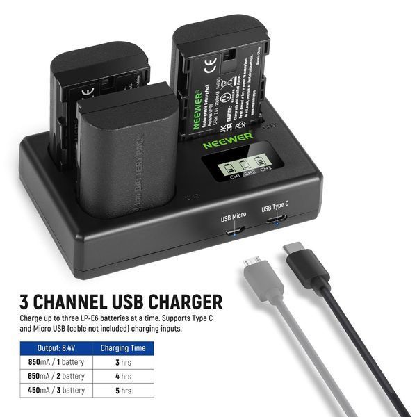 Комплект трьох акумуляторів Neewer LP-E6NH R6 II 2250 mAh із триканальним зарядним пристроєм для Canon 10101015 фото