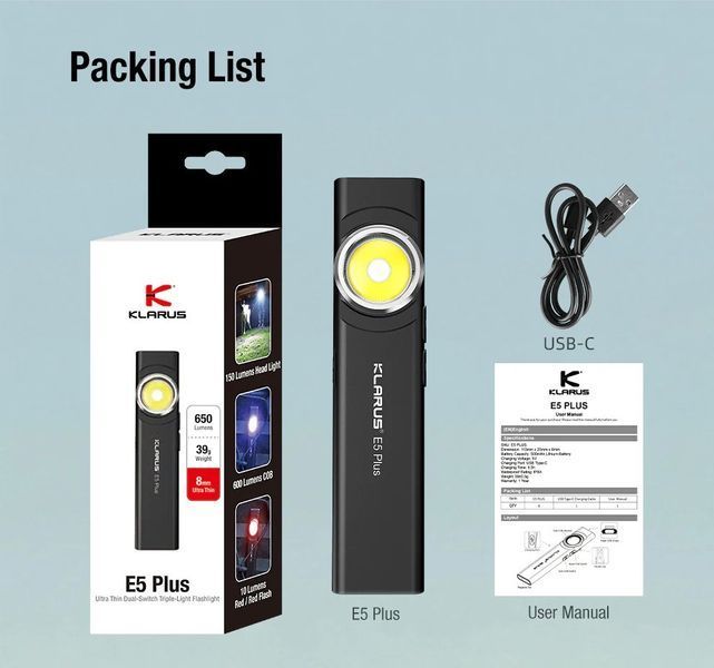 Ультратонкий магнітний кишеньковий EDC ліхтар із кліпсою Klarus E5 Plus Black (650Лм, 500мАг) 170301.8 фото