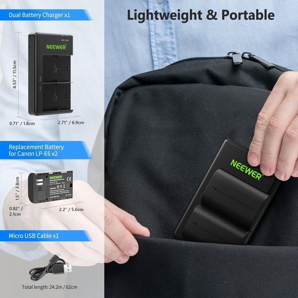 Комплект из двух аккумуляторов Neewer LP-E6/E6N 2000 mAh с двухканальным зарядным устройством для Canon 10090503 фото