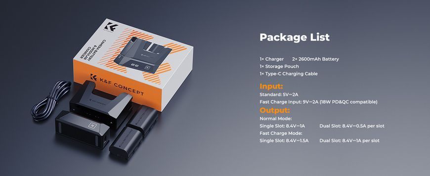 Комплект з двох акумуляторів K&F Concept LP-E6NH 2600mAh і зарядного пристрою 18Вт для Canon (KF28.0088) KF28.0088 фото