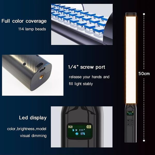 Різнокольорова LED лампа для фотостудії Stick RGB 50см, CRI 95+, 2500-9000К з кріпленням на штатив 100501 фото