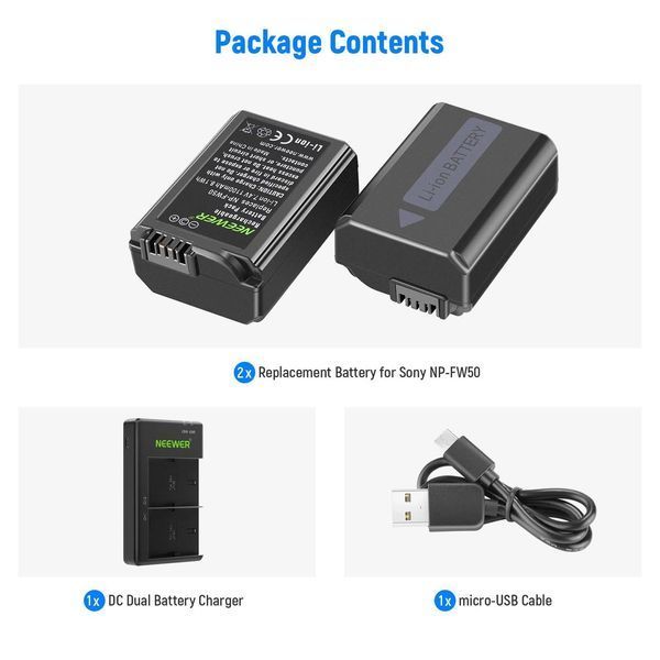 Комплект із двох акумуляторів Neewer NP-FW50 1100 mAh з двоканальним зарядним пристроєм для Sony