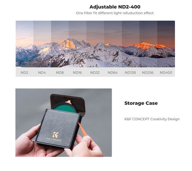 Світлофільтр K&F Concept Nano-X Series Variable ND2-400 зі змінною нейтральною щільністю 58мм (KF01.1461)