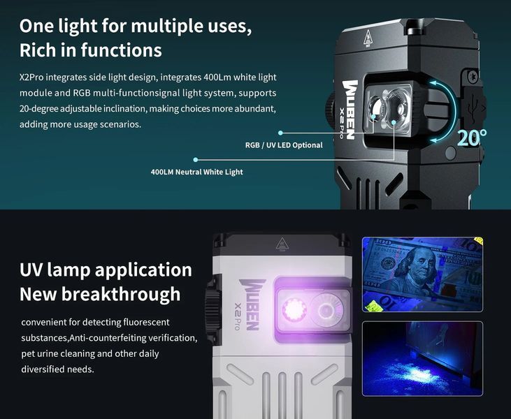 Универсальный ручной фонарик с креплением на шлем EDC Wuben X2 Pro UV Black с магнитом (1500Лм, 205м, 2*14500) 040404.3 фото