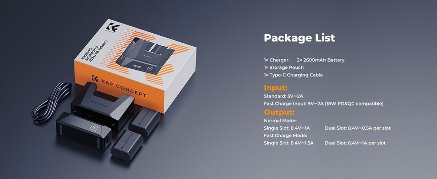 Комплект из двух аккумуляторов K&F Concept NP-FZ100 2600mAh и быстрого зарядного устройства 18Вт для камер Sony (KF28.0089) KF28.0089 фото