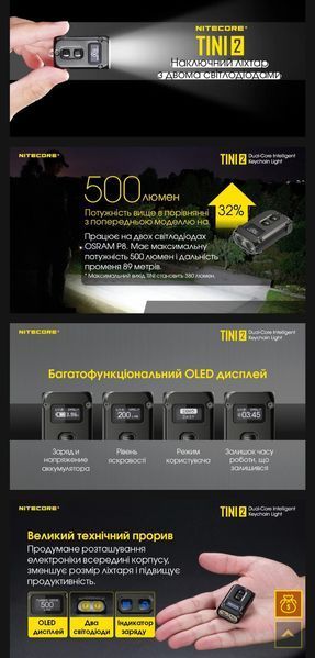 Nitecore TINI2 Потужний наключний ліхтарик з LED дисплеєм (USB Type-C), сірий 010311 фото