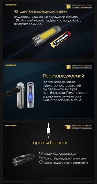 Потужний міні-наключний ліхтар Nitecore TIKI (300Люмен, 71м, УФ 365нм, USB Type-C) 010340 фото