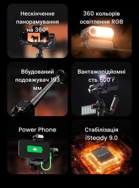 Триосьовий стабілізатор зйомки для смартфона Hohem iSteady M7 (з AI відстежувачем, знімним пультом з екраном та RGB підсвіткою)