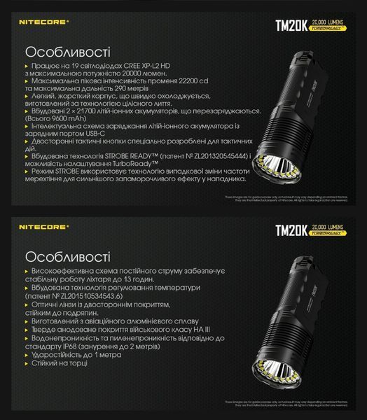 Мощный дальнобойный тактический фонарь Nitecore TM20K (USB Type-C, 20000Люмен, 19*CREE XP-L2 HD) 010322 фото