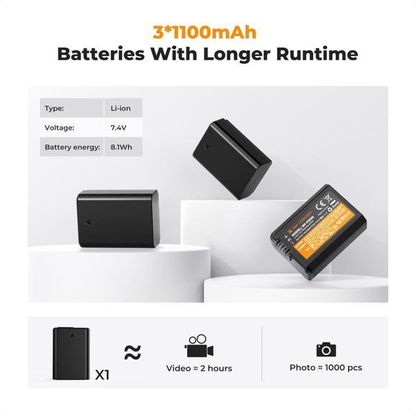 Комплект із трьох акумуляторів 1100mAh та триканального зарядного пристрою K&F Concept NP-FW50 для камер Sony (KF28.0037)