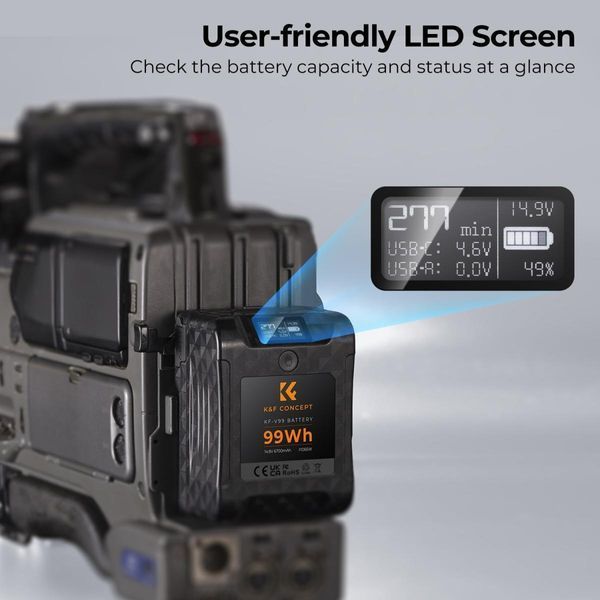 Акумуляторна V-Mount батарея K&F Concept KF-V99 6700mAh з цифровим екраном, PD 65 Вт USB-C, USB-A, BP/D-TAP, DC 12V (KF28.0024)