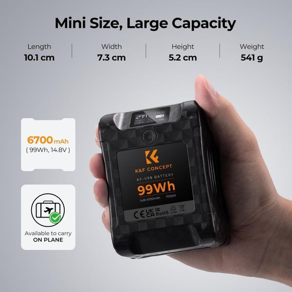Акумуляторна V-Mount батарея K&F Concept KF-V99 6700mAh з цифровим екраном, PD 65 Вт USB-C, USB-A, BP/D-TAP, DC 12V (KF28.0024)