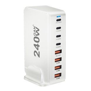 Настільний USB зарядний пристрій хаб 8в1 240W GaN White (4*USB Type-C, 4*USB Type-A, швидка зарядка) 120101.1 фото