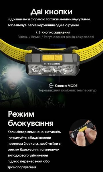 Налобний ліхтар Nitecore NU27, білий (UHE LED, 3000, 4500, 6500К, 850мАг, 600Лм, 123м) 010225.1 фото