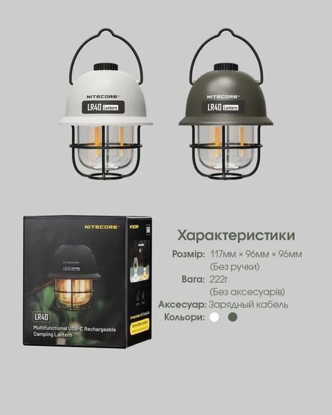 Ліхтар кемпінговий Nitecore LR40 (USB Type-C) білий