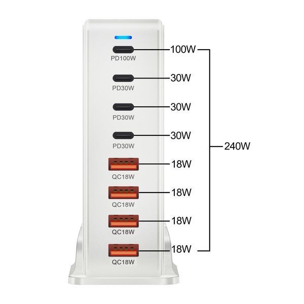 Настольное USB зарядное устройство хаб 8в1 240W GaN White (4*USB Type-C, 4*USB Type-A, быстрая зарядка) 120101.1 фото