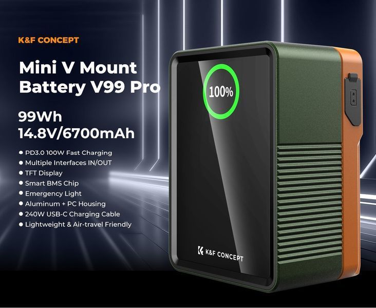 Аккумуляторная V-Mount батарея K&F Concept KF-V99 Pro 6700mAh 14.8V PD100 Вт с DC/D-Tap/двома USB-C/USB-A/TFT диспл.(KF28.0024V2) KF28.0024V2 фото