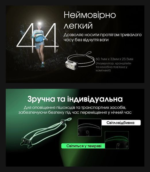 Налобний ліхтар Nitecore NU21, білий (360Лм, 58м, 500мАг, USB type-C) 010221 фото