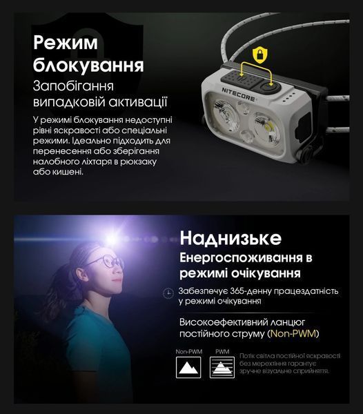 Налобний ліхтар Nitecore NU21, білий (360Лм, 58м, 500мАг, USB type-C) 010221 фото