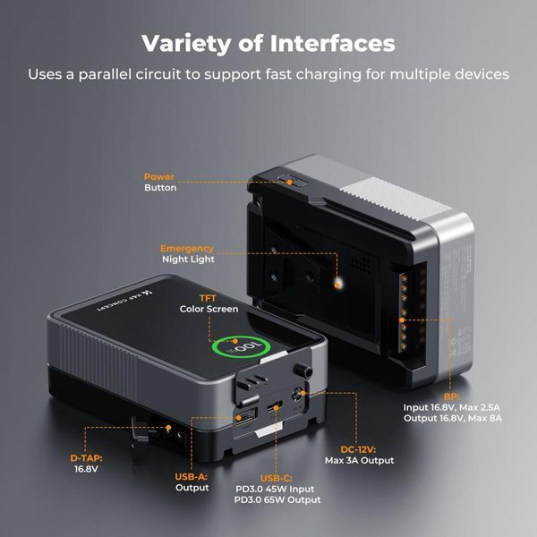 Акумуляторна V-Mount батарея K&F Concept KF-V50 3400mAh 14.8V PD65 Вт з DC/D-Tap/BP/USB-C/USB-A/TFT дисплеєм (KF28.0059) KF28.0059 фото