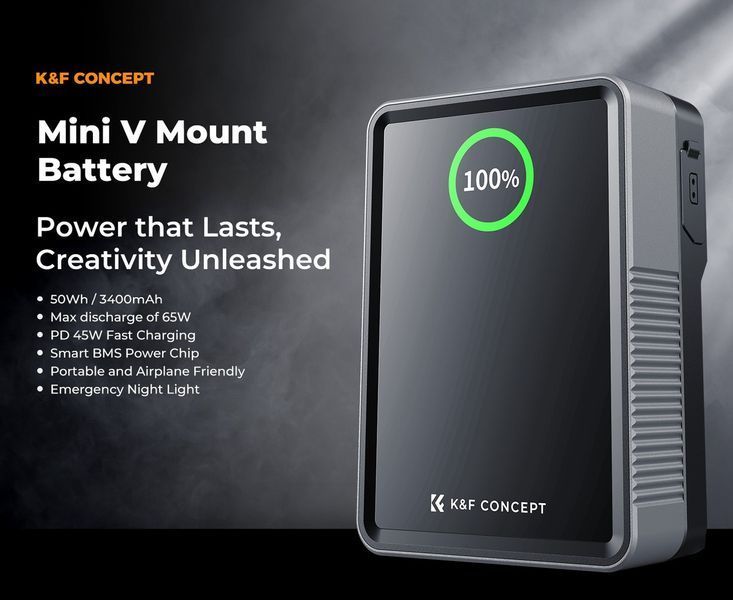 Акумуляторна V-Mount батарея K&F Concept KF-V50 3400mAh 14.8V PD65 Вт з DC/D-Tap/BP/USB-C/USB-A/TFT дисплеєм (KF28.0059) KF28.0059 фото