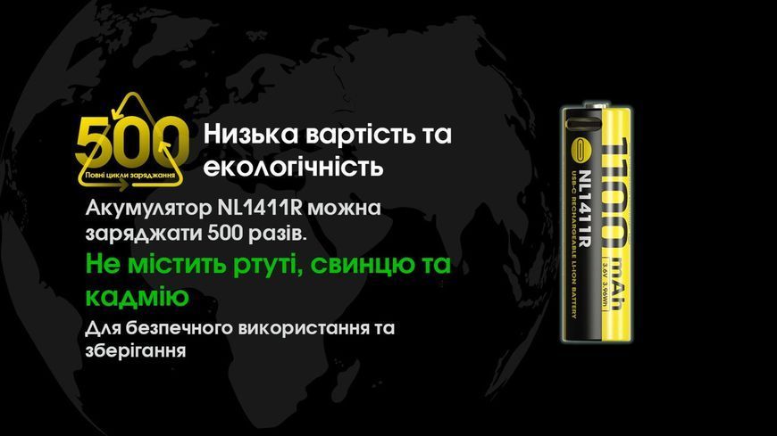 Акумулятор літієвий Li-Ion 14500 Nitecore NL1411R (1100mAh, USB-C) захищений 010711.1 фото