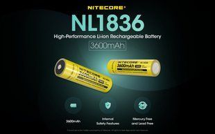 Аккумулятор литиевый Li-Ion 18650 Nitecore NL1836 3.6V (3600mAh), защищенный 010706 фото