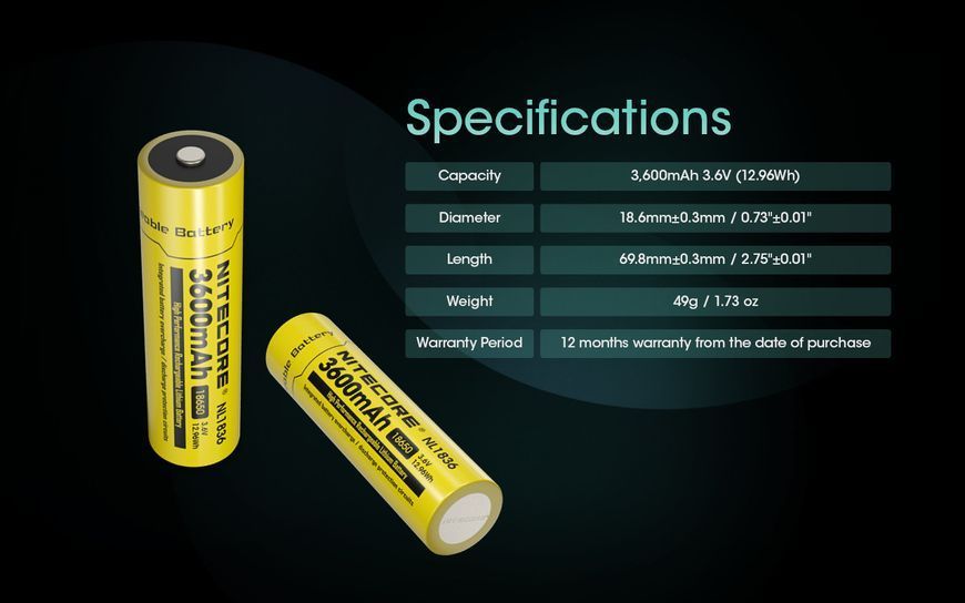 Акумулятор літієвий Li-Ion 18650 Nitecore NL1836 3.6V (3600mAh), захищений 010706 фото