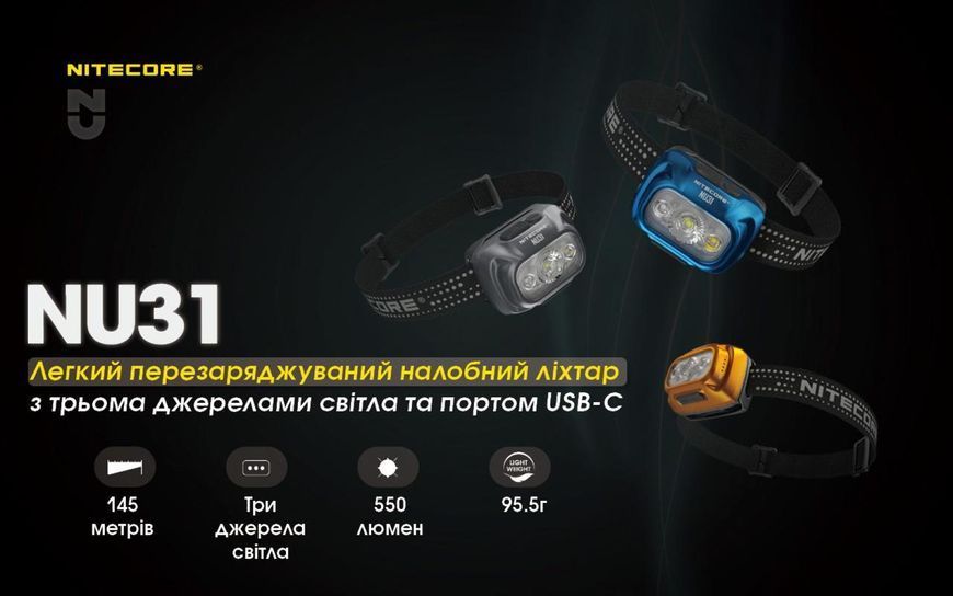 Налобный фонарь Nitecore NU31 Orange (1800мАг, 550Лм, 145м, красный свет) 010212.1 фото