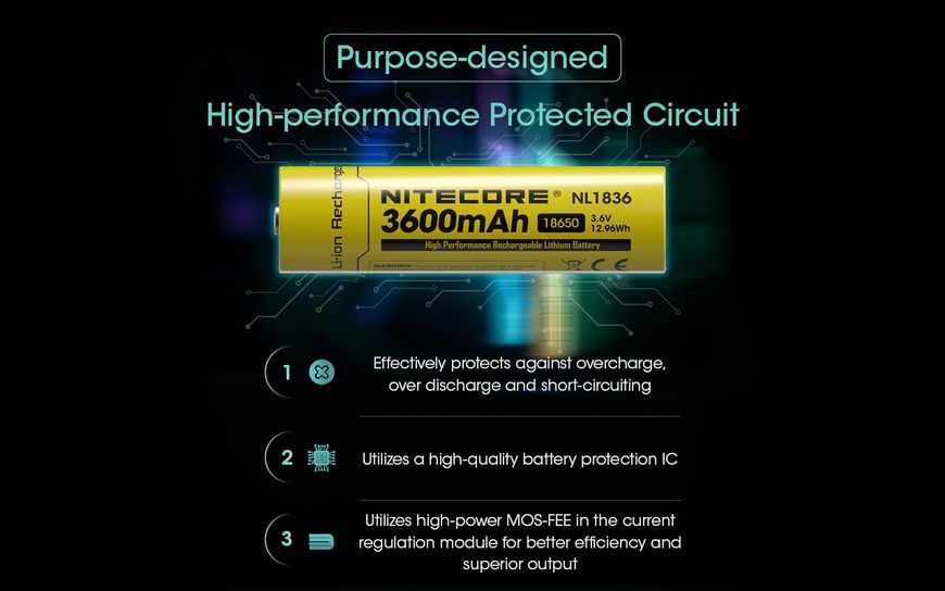 Акумулятор літієвий Li-Ion 18650 Nitecore NL1836 3.6V (3600mAh), захищений 010706 фото