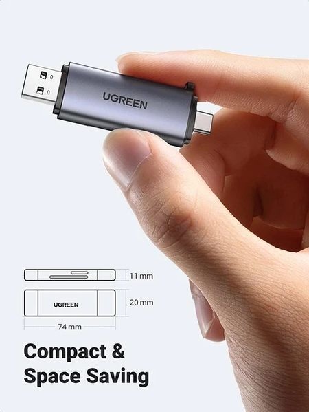 Кардридер Ugreen USB 3.0 + Type-C для TF SD Micro SD OTG адаптер металевий Grey (CM185) 100822.1 фото