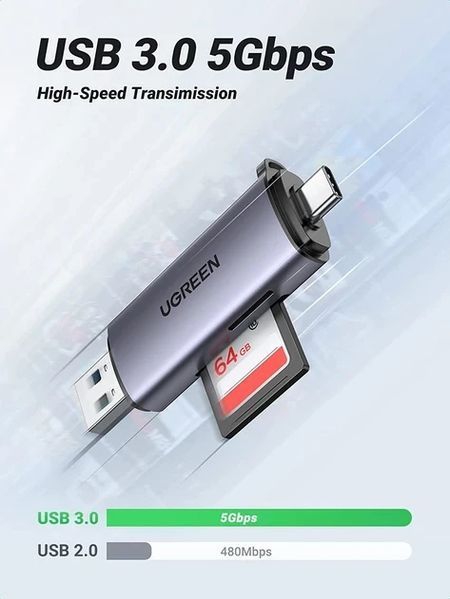 Кардридер Ugreen USB 3.0 + Type-C для TF SD Micro SD OTG адаптер металевий Grey (CM185) 100822.1 фото