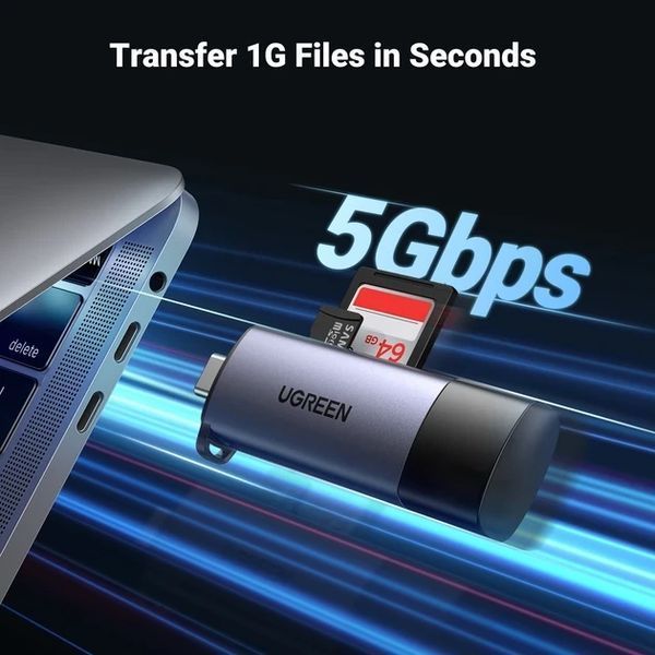 Кардридер Ugreen USB 3.0 + Type-C для TF SD Micro SD OTG адаптер металевий Grey (CM185) 100822.1 фото