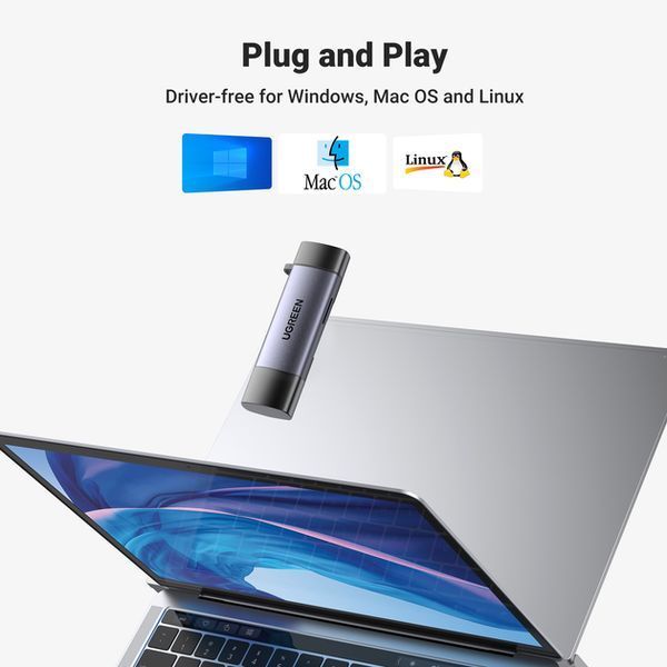 Кардридер Ugreen USB 3.0 + Type-C для TF SD Micro SD OTG адаптер металевий Grey (CM185) 100822.1 фото