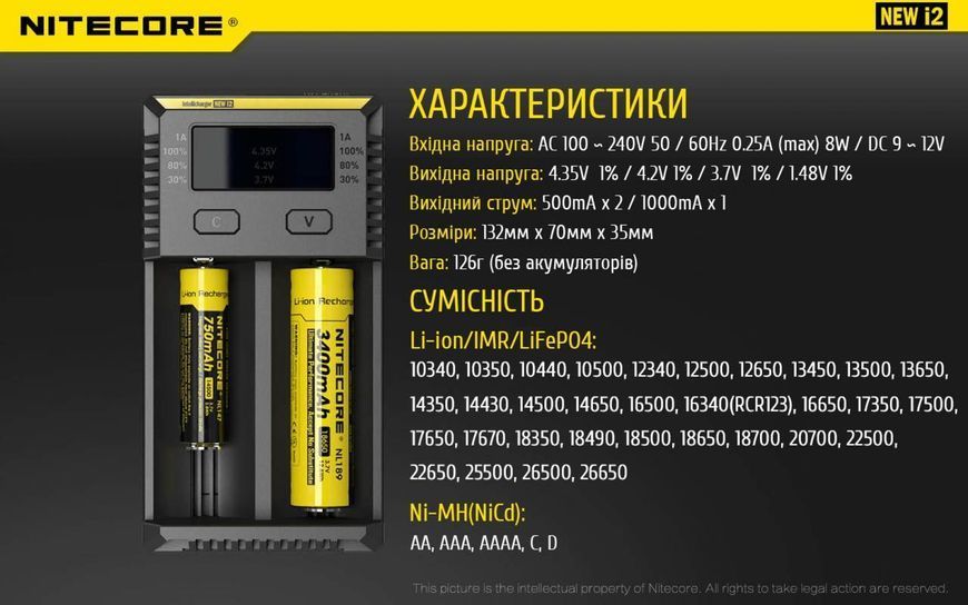 Зарядний пристрій для акумуляторів Nitecore NEW i2 двоканальний 010418 фото