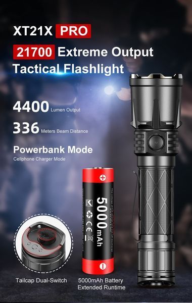 Потужний ручний тактичний ліхтар Klarus XT21X PRO з функцією павербанку (4400Лм, 336м, 1*21700, 5000мАг) 170102 фото