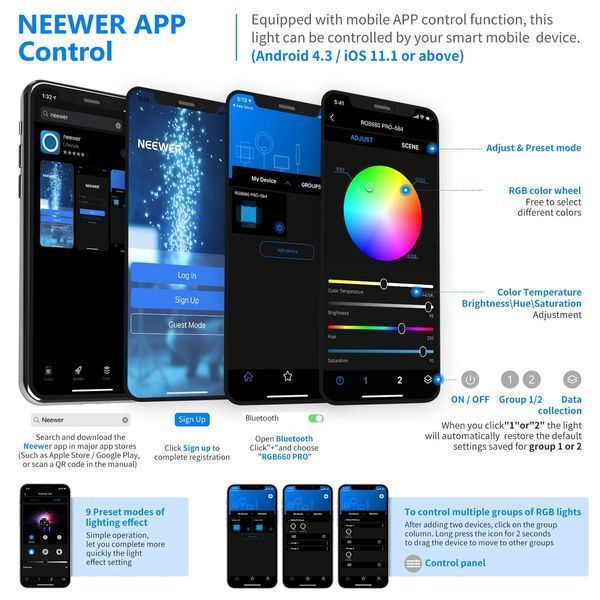 Студійне відеосвітло NEEWER RGB660 PRO з APP керуванням (3200K до 5600K, RGB, CRI 97+) 10098926 фото