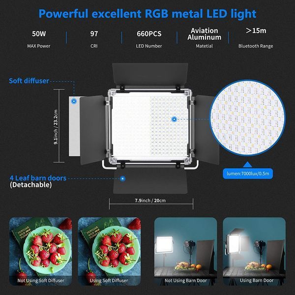 Студійне відеосвітло NEEWER RGB660 PRO з APP керуванням (3200K до 5600K, RGB, CRI 97+) 10098926 фото