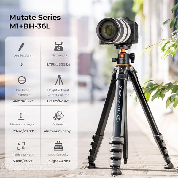 Алюминиевый штатив для камеры K&F Concept Mutate Series M1+ BH-36L (высота 177cм, груз. 15кг) (KF09.105V1) KF09.105V1 фото