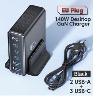 USB зарядний пристрій хаб 5в1 Toocki 140W GaN (3*USB Type-C, 2*USB Type-A, швидка зарядка, LED дисплей) 120102 фото