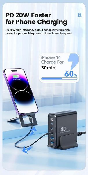 USB зарядное устройство для хаб 5в1 Toocki 140W GaN (3*USB Type-C, 2*USB Type-A, быстрая зарядка, LED дисплей) 120102 фото